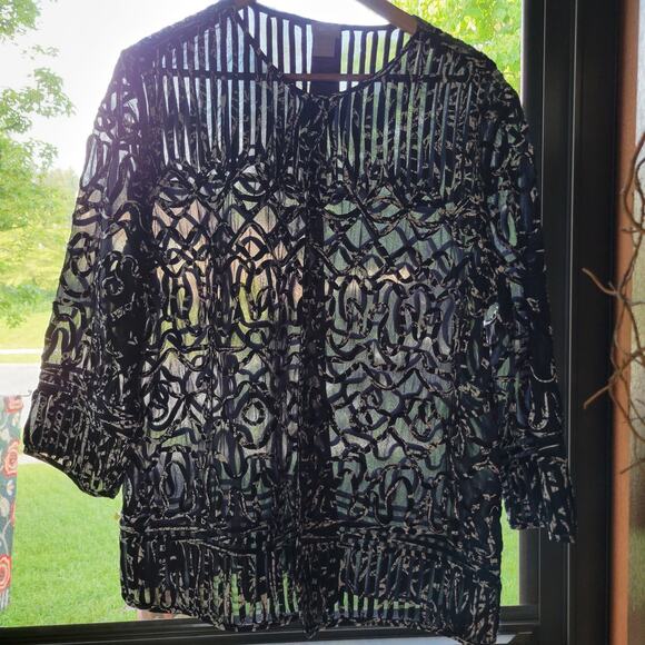 Chico's Travelers Navy Blue White 3/4 Sleeve Mesh Magnetic Jacket Cardigan Sz 3 - Picture 6 of 9